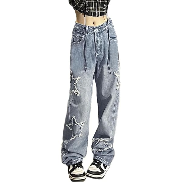 AULKEEP Womens Star Print Baggy Jeans Y2K Gradient Jeans Causal