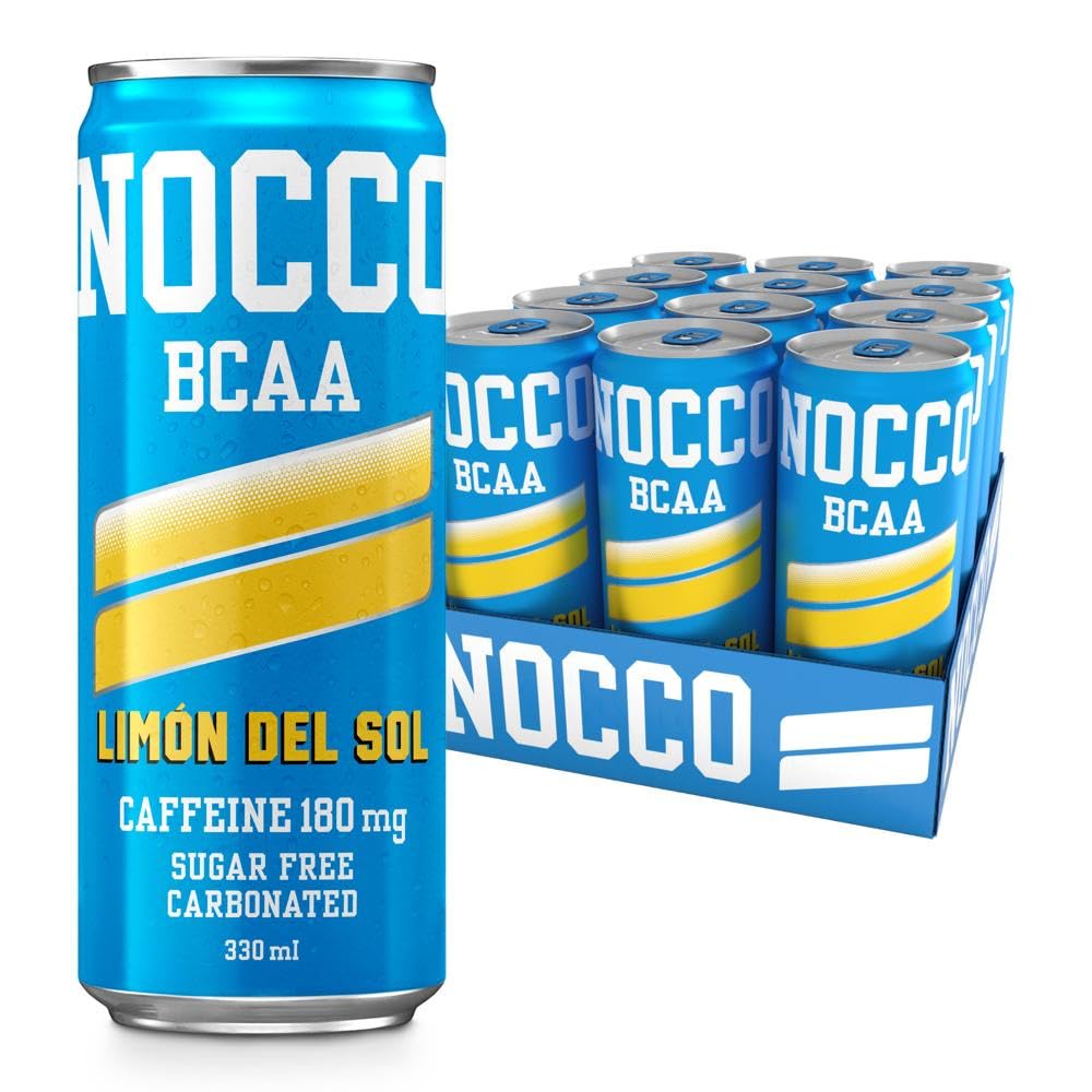NOCCO Sugar Free Energy Drink – BCAA, 180mg High Caffeine, with Amino Acids & Vitamins, Ideal for Pre Workout – 12 x 330ml (Limon Del Sol)