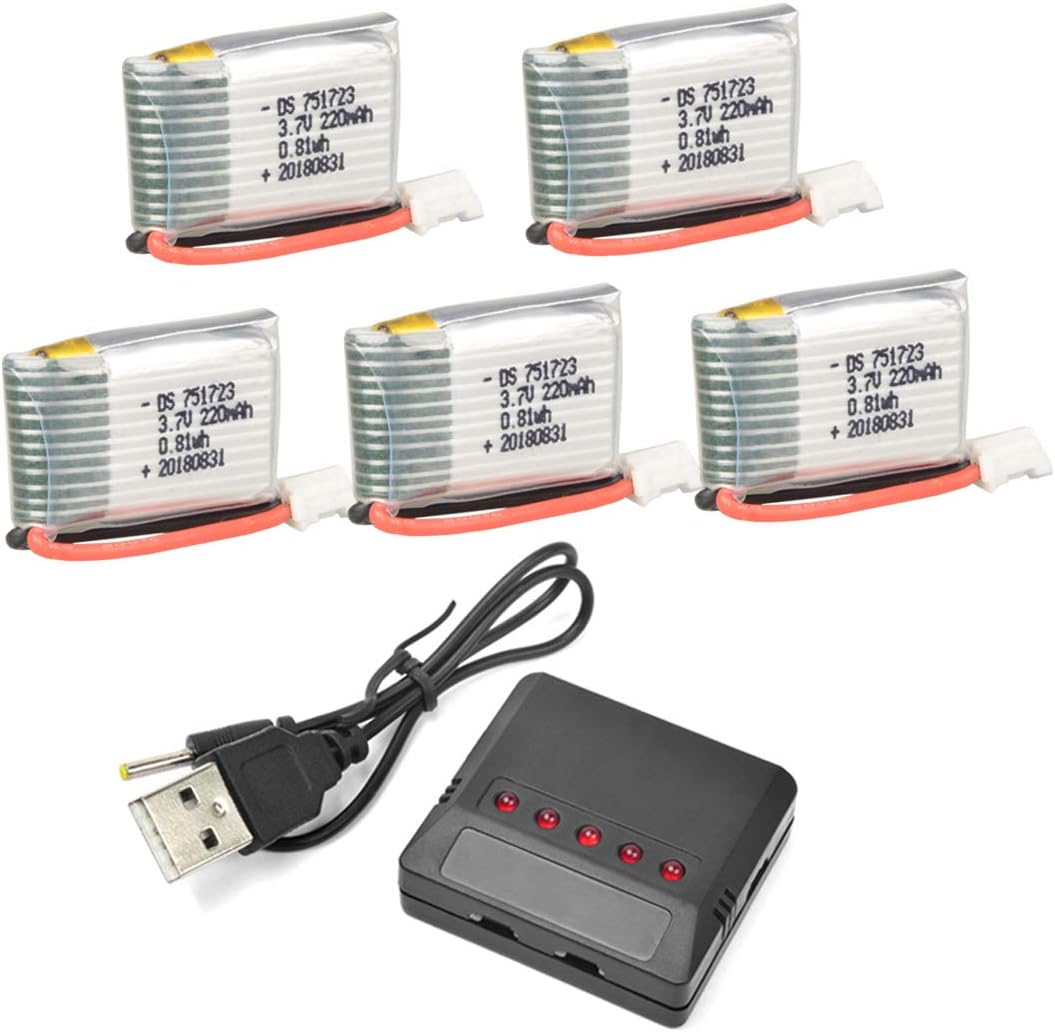HYF STONE Lipo Battery 3.7V 220mAh 25C with 5in1 Battery Charger for Holy Stone HS210 Eachine E010 JJRC H36 GoolRC T36 ATOYX AT-66 NIHUI NH010 F36 Quadcopter Drone (5PCS)