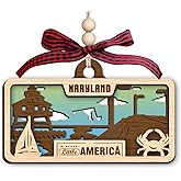 Maryland Wooden Ornament - American State Scene with Lighthouse Bay and Sailboat - Laser Cut Wooden Layers Depicting Coastal East Coast Life - Historic Holiday State Ornament