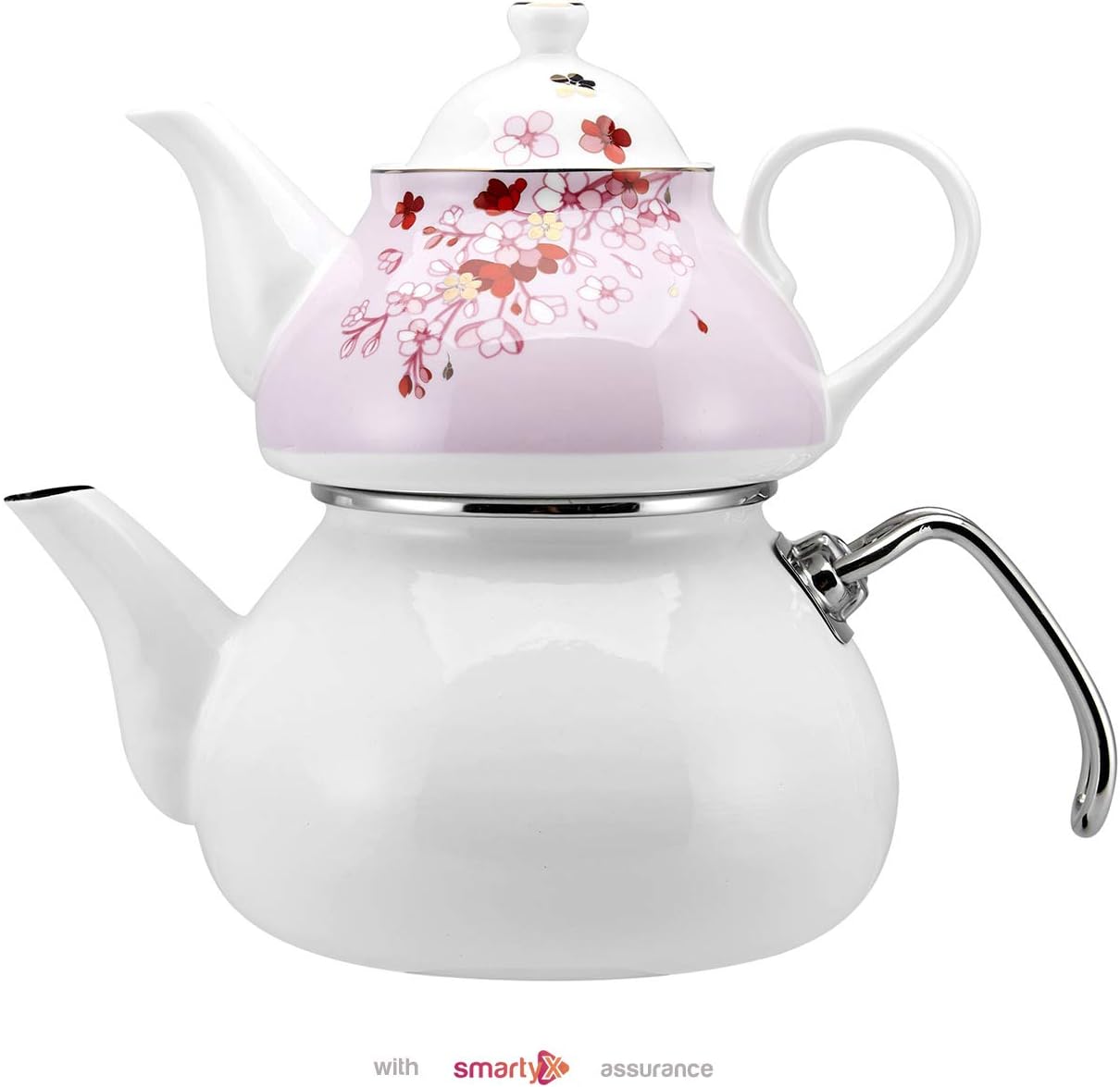 Porcelain Enamel Turkish Teapot - Nostalgic Retro Design Samovar Kettle Midi Size 1.1 Lt (White)