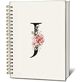 LIANGW Initial Letter J Notebook, Pink Gold Flower Personalized Monogram Notebook, Pink Floral Monogrammed Journal Gifts for Women, Customized Spiral Notebook, 5.5x8.3 Inch