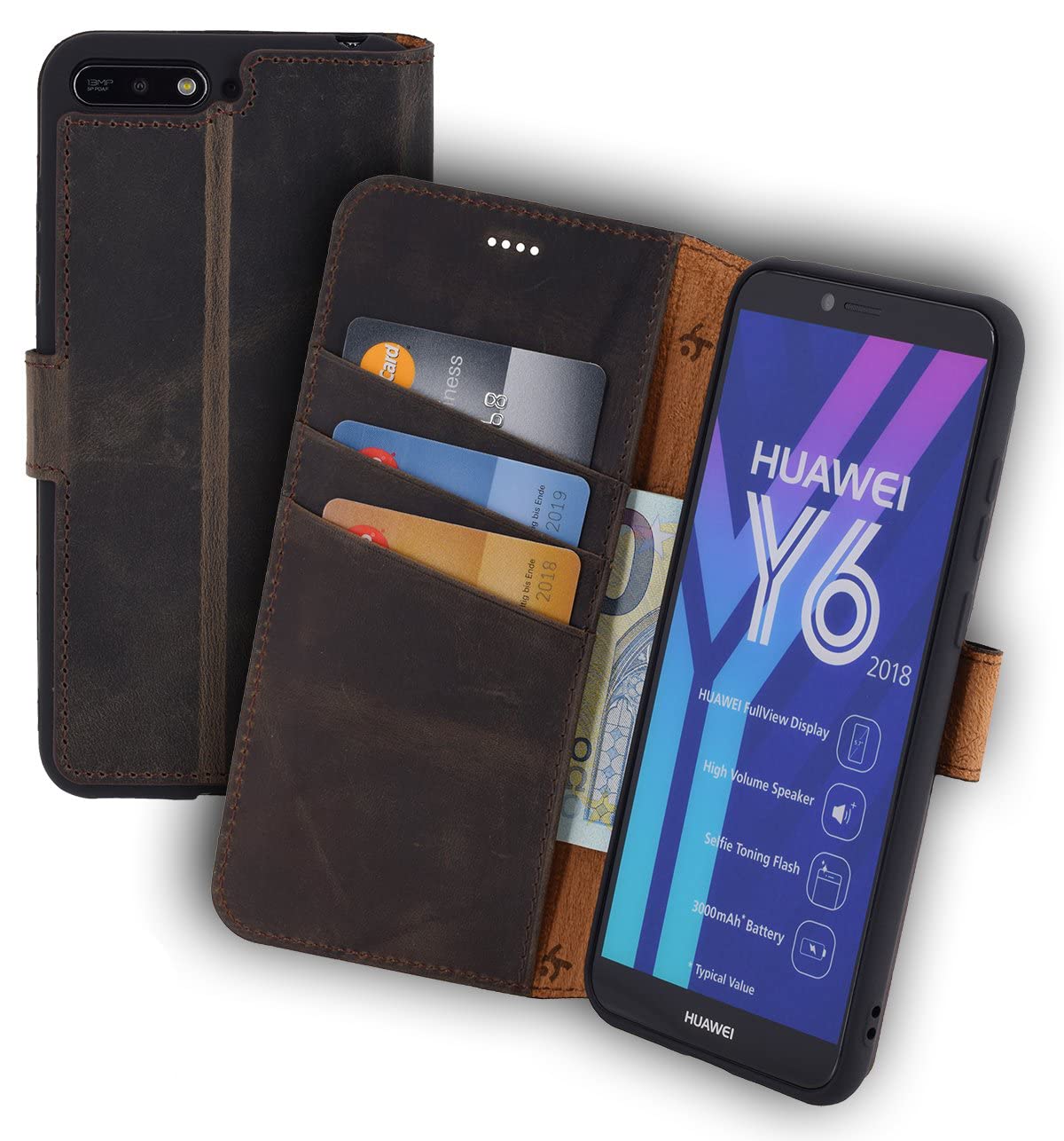 Suncase Book Style Compatible with Huawei Y6 (2018) Case (Slim Fit) Leather Mobile Phone Case Protective Case with Stand Function and Card Slot - Shatterproof Inner Shell) in Antique Brown