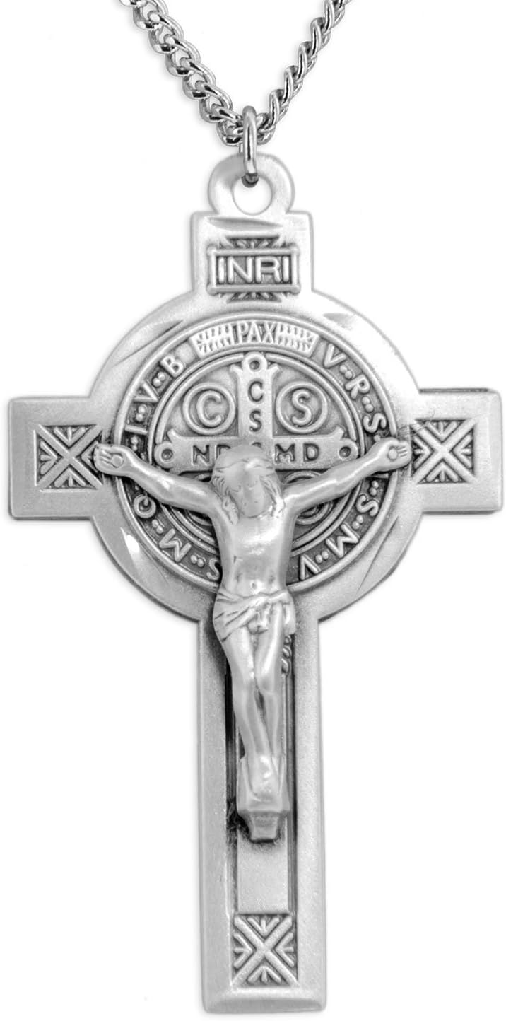 Heartland Store Large Men's Sterling Silver Detailed Saint Benedict Crucifix Cross Necklace + USA Made + Choose Chain