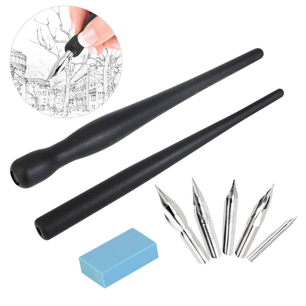 RMENOOR Manga Pen Cartoon Comic Pen Comic Dip Pen Set Nib Drawing Tools with 2 Black Pen Holders 5 Nibs 1 Drawing Eraser for Calligraphy Lettering Sketch Cartoonists Artists