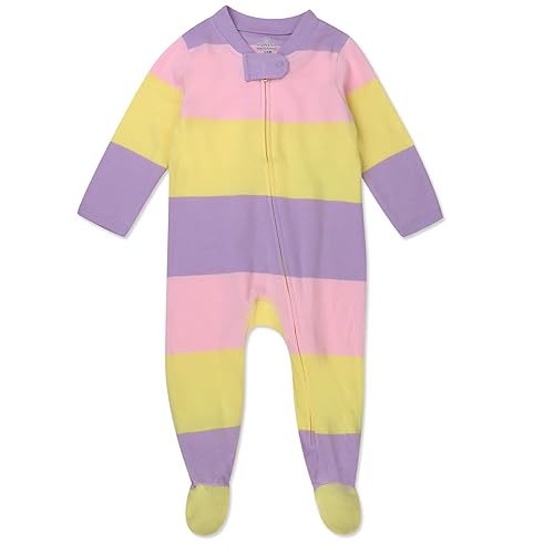 HonestBaby Sleep and Play Footed Pajamas One-piece Sleeper Jumpsuit Zip-front Pjs Organic Cotton for Baby Girls, Unisex, Easter Stripe Pink, Newborn