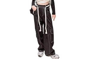 Bolknokin Girls Parachute Pants Y2K Cargo Baggy Joggers Track Pants Kids Trousers with Pockets 6-14 Years