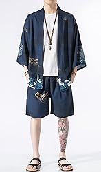 Ambcol Men's Japanese Style Kimono Tops Shorts Sets