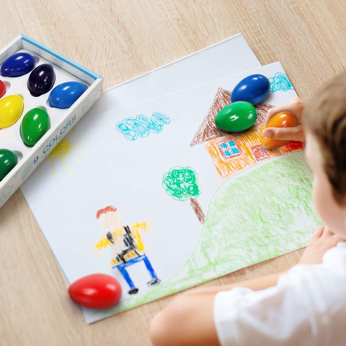 Crayons for Toddlers, Palm Grip Crayons Set 9 Colors Non Toxic Crayons Washable Paint Crayons Stackable Toys for Kids, Baby, Children, Boys and Girls(Egg-Shaped): Office Products