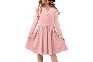 Tween Girls Long Sleeve Dresses Spring Fashion High Waisted Flowy Midi Flare Dress Comfy Cute Casual Kids Dress 5-15Y