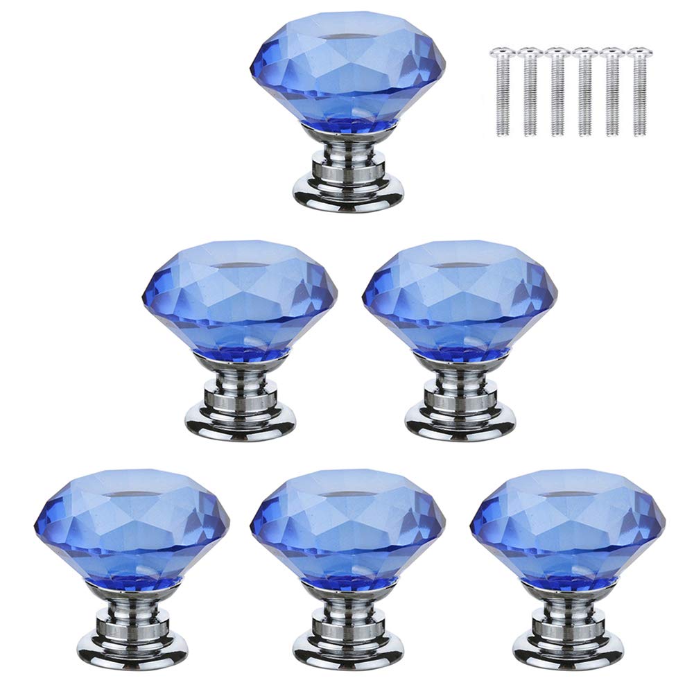 BOZONLI 6pcs 30mm Blue Crystals Glass Drawer Knobs Cupboard Knobs Door Knobs Cabinet Handle Drawer Pull Handle with Screw