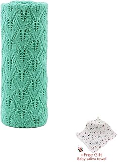 Odot Strickdecke Babydecke Kuscheldecke, Durchbrochene Blattform, Kinderwagen im Freien Kinderdecke Krabbeldecke Perfekt für Mädchen und Jungen Babys Geschenk Gaze-Speicheltuch (100 * 80cm,Grün)
