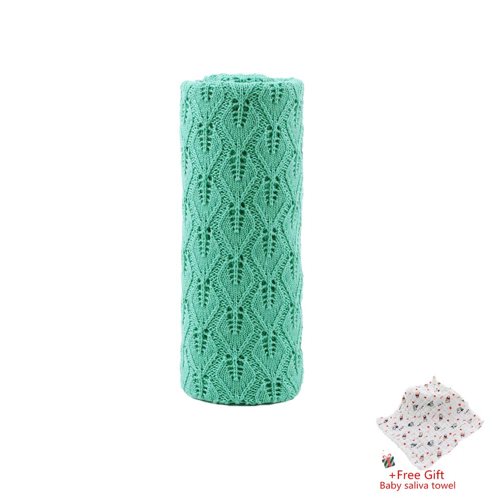 Odot Strickdecke Babydecke Kuscheldecke, Durchbrochene Blattform, Kinderwagen im Freien Kinderdecke Krabbeldecke Perfekt für Mädchen und Jungen Babys Geschenk Gaze-Speicheltuch (100 * 80cm,Grün)