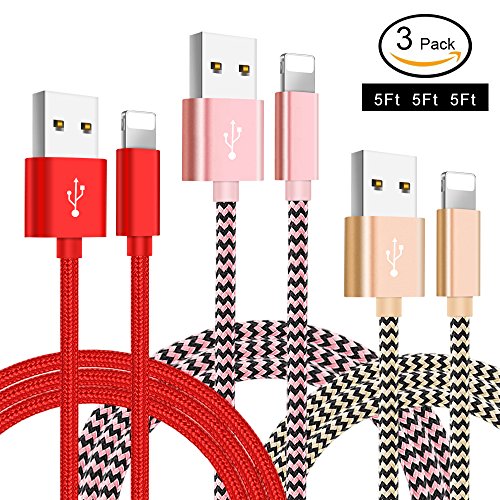 Lightning Cable, 3-PACK 5FT/1.5M Nylon Braided  Charging Cables USB Charger Cord, Compatible for iPhone X/8/8 Plus/7/7 Plus/6/6 Plus/iPad and more (Pink+Gold+Red) - Thumbnail 7