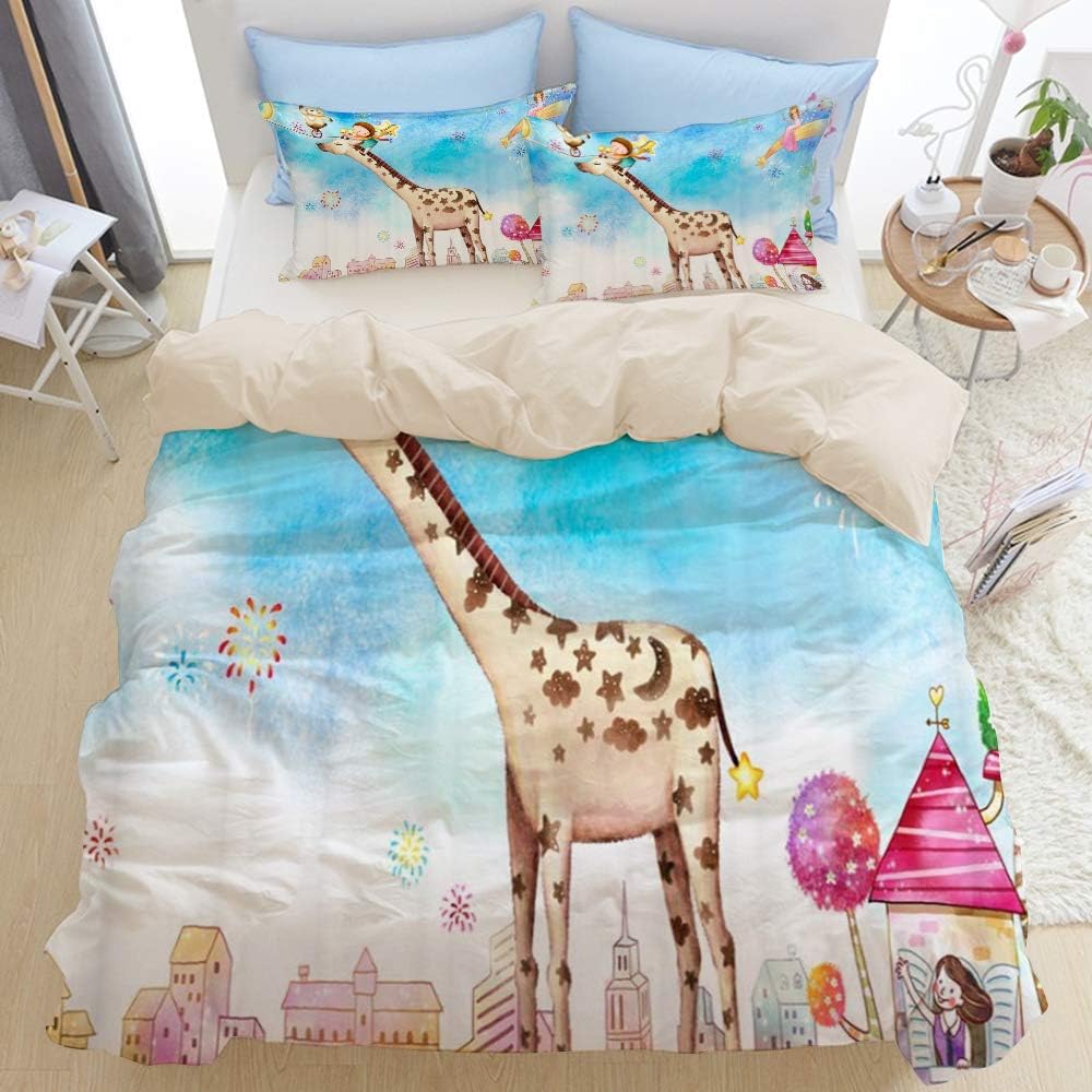JOSENI Duvet Cover Set Cartoon Cute Giraffe Rainbow Decoration Blue Sky Fireworks Bear Decorative 3 Piece Bedding Set with 2 Pillow Shams Queen Size