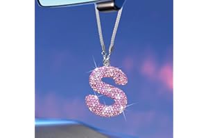 STYVIN Bling Pink Car Accessories for Women Letter Charm, Rainbow Color Rear View Mirror Cute Crystal Pendant Car Decorations, Lucky Gifts Girly Diamond Rhinestone Charm Interior S
