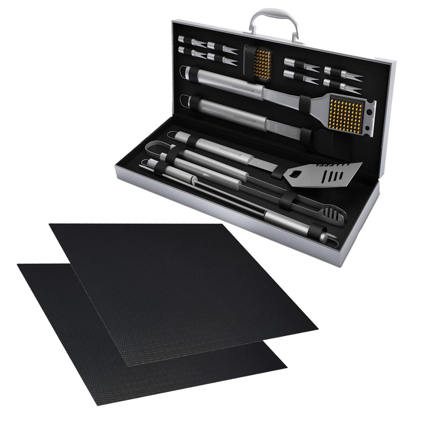 Home-Complete 18-piece BBQ Grill Set, 16-pc Stainless Steel Barbecue Tools Kit with Aluminum Case and 2-pack BBQ Grill Mats