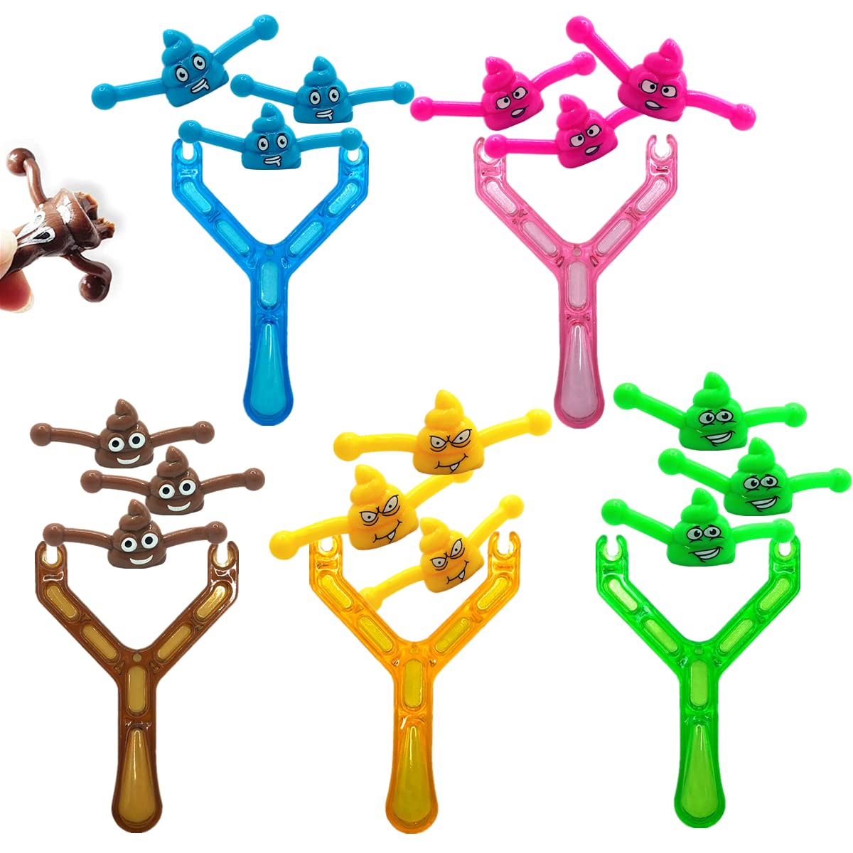 Aisszhao Poo Slingshot Toy Set for Adults,5 Slingshot 15 Poo Mochi Squishy Toys,Adults Prank Poop Emoji Bullets Shooting Joke Toy Funny Mini Rubber Slingshots Flying Poop Toys for Party Bag Fillers