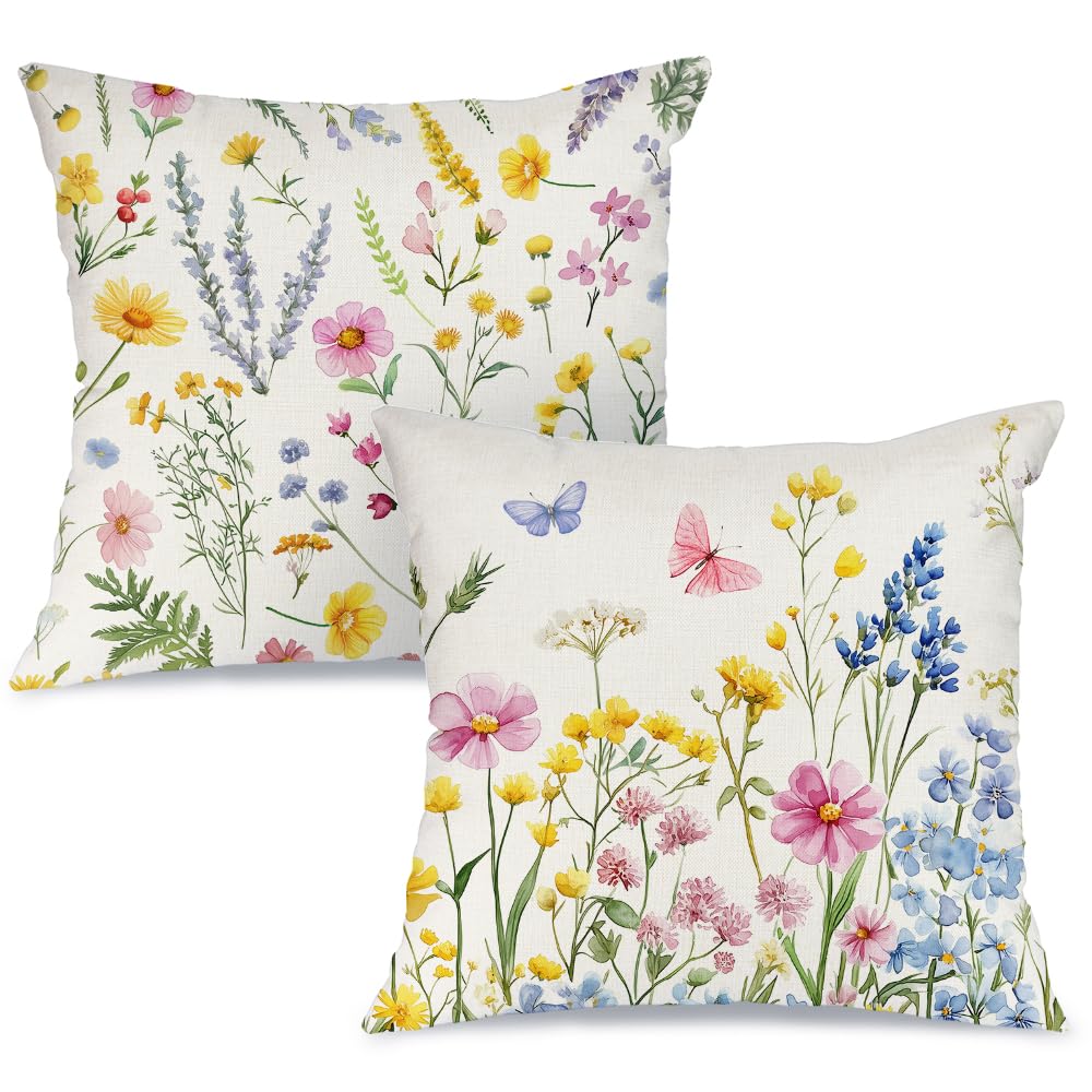 AACORS Spring Pillow Covers 16x16 Set of 2,Floral Butterfly Decorations Seasonal Summer Farmhouse Pillow Case Decor for Sofa Couch AA474-16-2