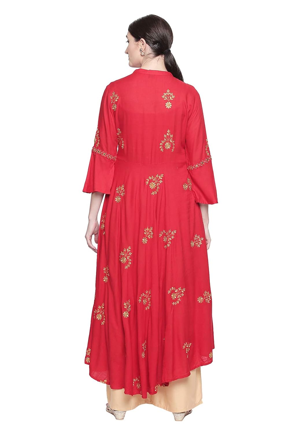 ishin women's red & beige rayon anarkali embroidered kurta palazzo sets