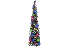 MACTING Pop Up Christmas Tree with 50 LED Lights 5FT Collapsible Easy-Assembly Coastal Glitter Tinsel Pencil Tree for Porch Apartment Corner Home Holiday Party Christmas Decorations(Black)