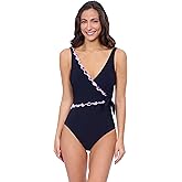 Profile by Gottex Womens Solid Black Tricolore V Neck One-Piece Swimsuit with Surplice Neck Tummy Control Swim Essential