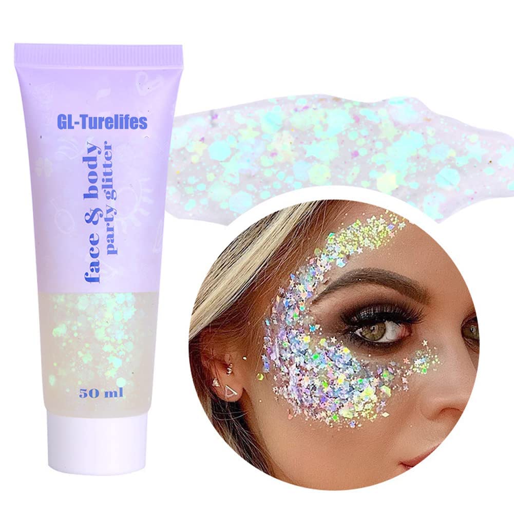 GL-Turelifes Chunky Glitter Gel Glitter Body Gel Festival Glitter Cosmetic Face Hair Nails Makeup Mermaid Sequins Liquid Eyeshadow Long Lasting Sparkling 50ml Easy to Apply, Easy to Remove (#06 White) — image 1