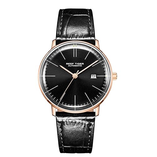 REEF TIGER Luxury Ultra Thin Watch Men Rose Gold Genuine Leather