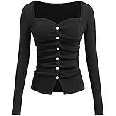 CIDER Women's Going Out Crop Tops Faux Pearl Long Sleeve Square Neck Ruched Tops Fall Spring Trendy
