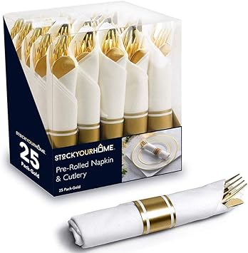 Amazon 25パックのセット ケータリングイベント パーティー 結婚式用のプレロールナプキン とカトラリーセットが含まれます 25フォーク 25ナイフ 25スプーン 25リネンのようなナプキン ゴールデン Qdyl カトラリーアソートセット