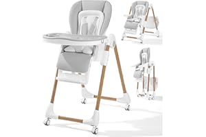 Mallify Foldable High Chairs for Babies and Toddlers, 3-in-1 Convertible Baby High Chair with Removable Soft Cushion and Tray, Adjustable Height & Recline, Lockable Wheels, Ligh Gray