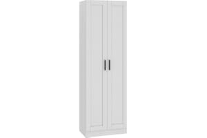 Panana Wooden Tall Storage Cabinet, Collection Food Pantry Cabinet Narrow Cabinet Free Standing with 2 Doors and Shelves (White-s, 45P)