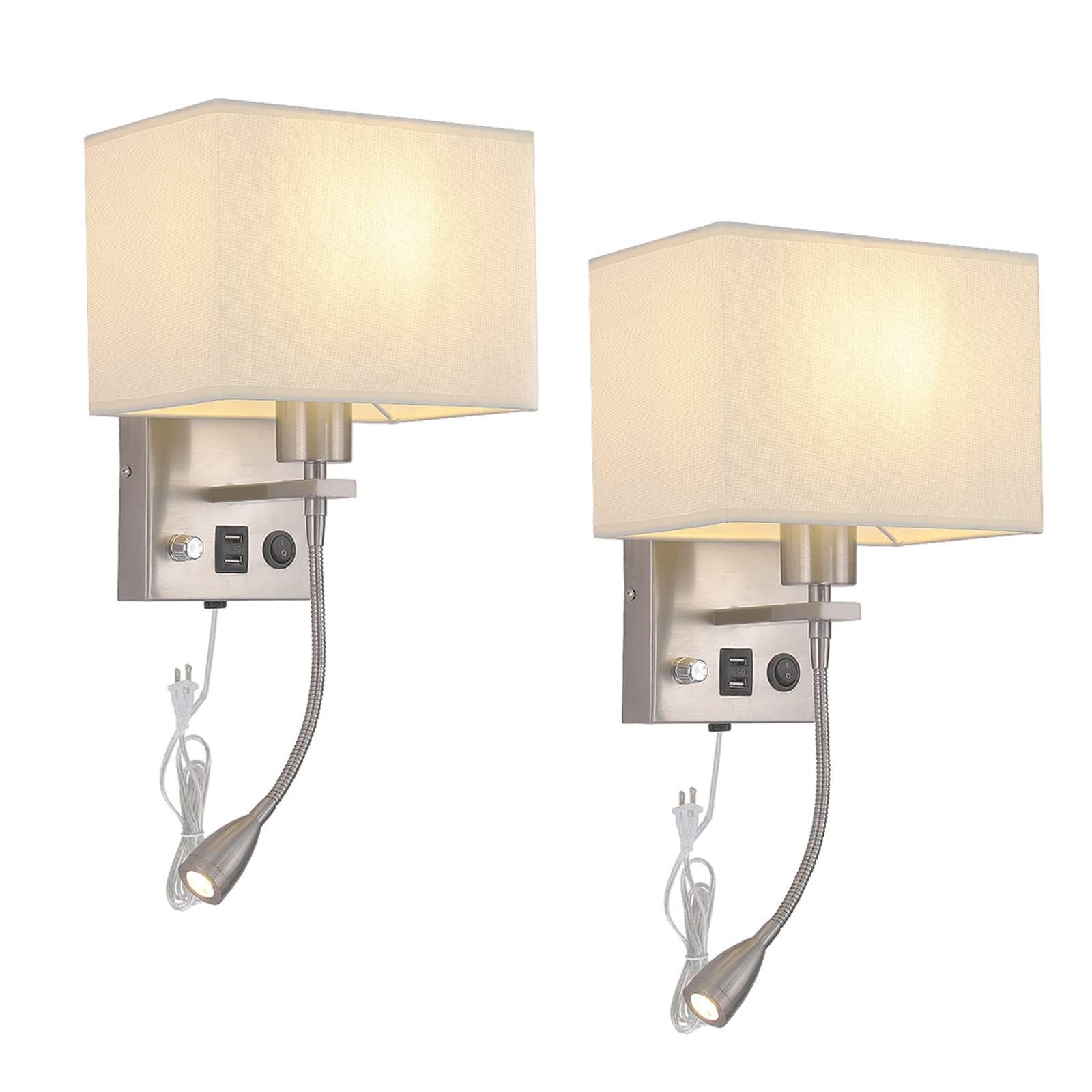 Photo 1 of Galtlap Wall Sconce Plug in Cord Set of 2, Bedside Wall Mount Lights with Dimmable Switch, LED Bedroom Wall Lighting Fixtures with Reading Lamp USB Ports Brushed Nickel