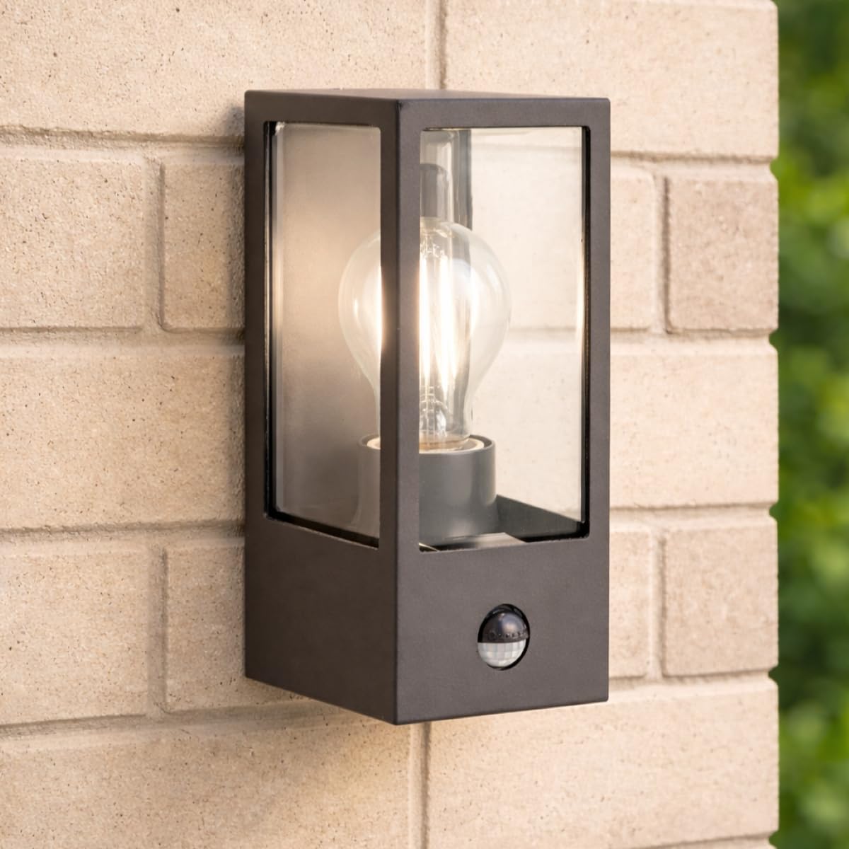 CGC Lighting Outdoor Outside Wall Light Contemporary Box Lantern Garden Porch Post Driveway Patio Lamp Weatherproof (Black Aluminium PIR)
