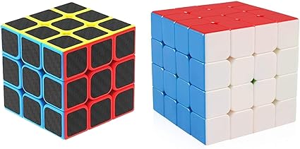 Emob High Speed Smooth Carbon Fiber 3x3 & stickerless 4x4 Magic Rubik Cube with Adjustable Speed (Carbon Fiber & Stikcrless 4x4 Cube)