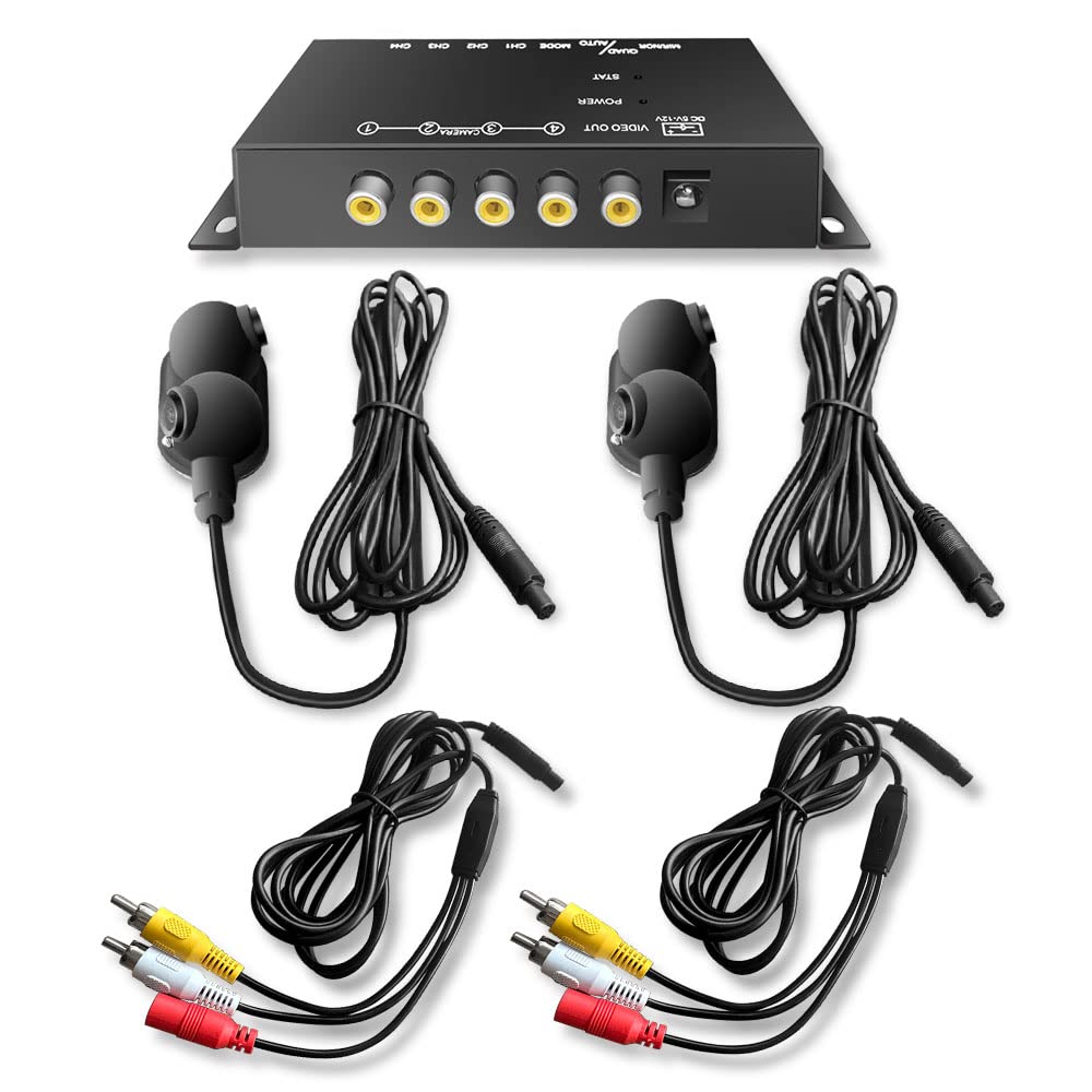Side View Cameras Set Backup Cameras Kit with Mini 4 Channel Video Surveillance Quad Video Selector for Truck Car Van Camper with Night Vision and Wide View Angle, Side Mirror Mount, IP68 Waterproof