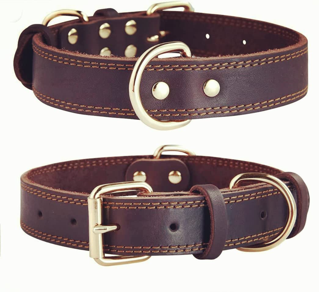SLZZ Premium Real Genuine Leather Dog Collar/Soft Touch Heavy Duty Genuine Leather/Adjustable Perfect for Male Female Small X-Small Dogs-Brown-XS