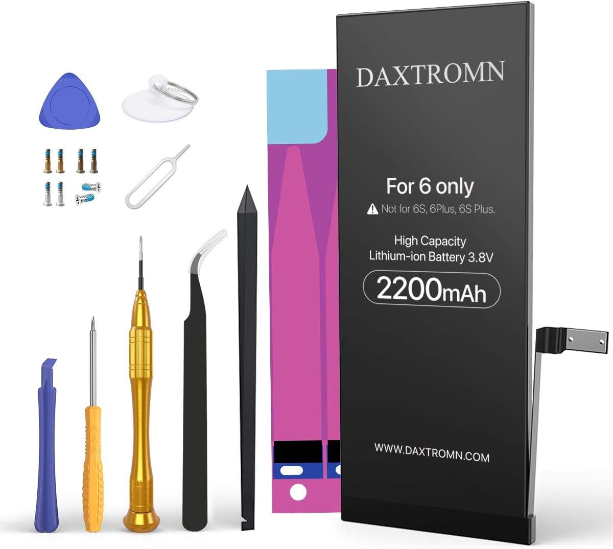 DAXTROMN 2200mAh Battery for iPhone 6, High Capacity Replacement Battery 0 Cycle, with Complete Repair Tool Kits and Adhesive Strips - 24-Month Warr