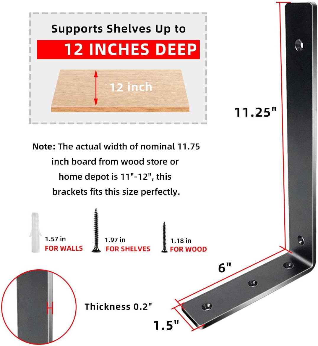 Shelf Brackets 12 Inch Heavy Duty Metal Shelf Supports Holders, L Corner Angle Brackets for Shelves Wall Mounted (6 Pack): Home Improvement
