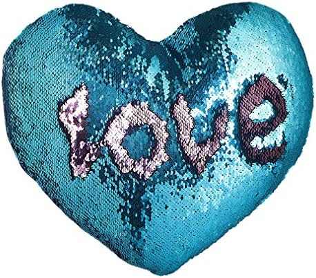 JING GREAT Mermaid Throw Pillow with Insert,Two-color Heart Shape Reversible Sequins Decorative Pillow. 13''×15'' (Blue+Pink)