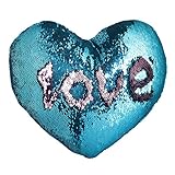 Mermaid Pillow with Pillow Insert by JING GREAT, Two-color Heart Shape Reversible Sequin Throw Pillow 13''×15'' (Blue+Pink)