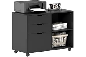 soges Lateral Filing Cabinet, 3-Drawers Rolling File Cabinet with Storage Shelves, Mobile Filing Cabinet Printer Stand with F
