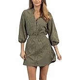 Joiemont Womens Olive Embroidered Belted Mini Dress Summer Half Button 3/4 Sleeve Eyelet Dress