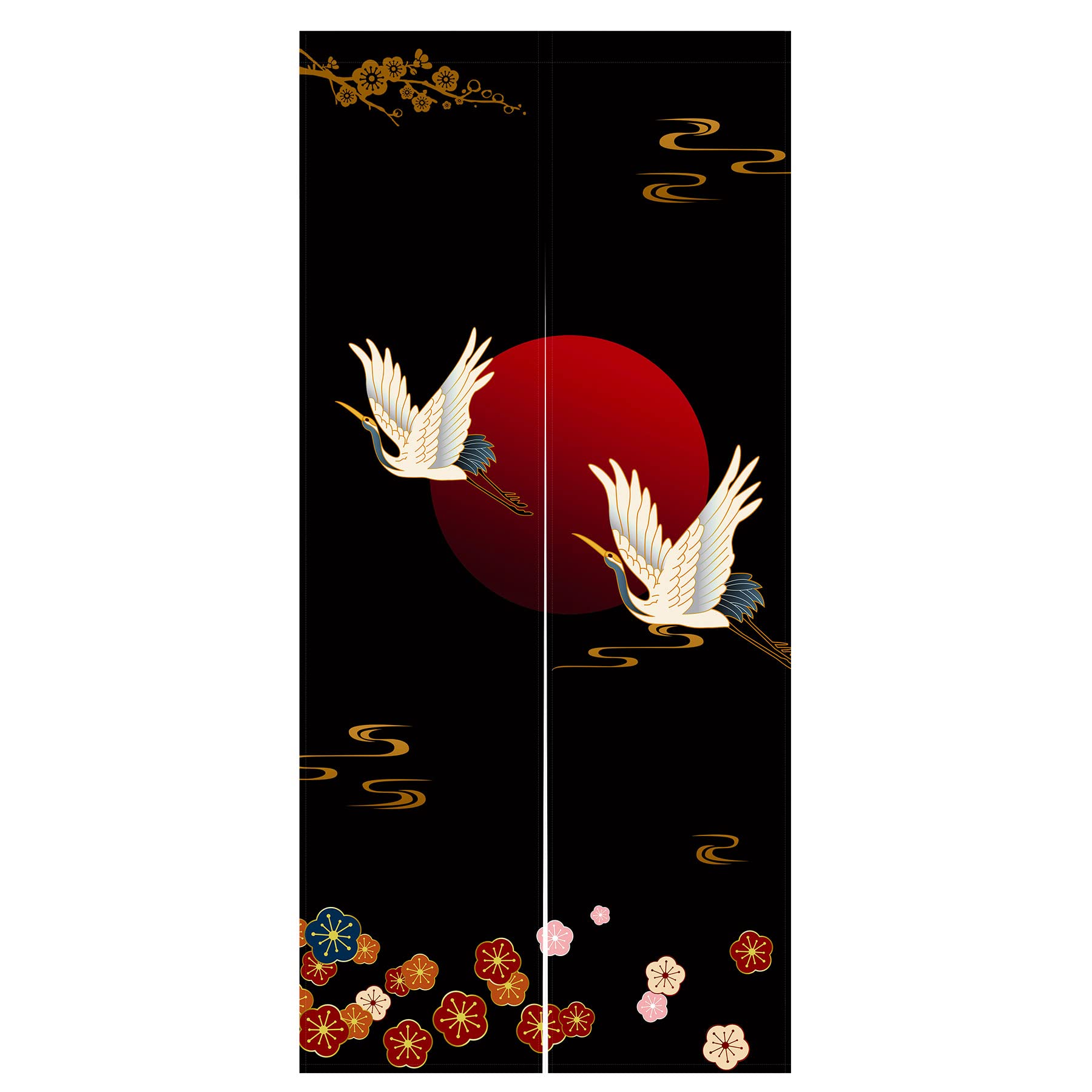 LIGICKY Noren Doorway Curtain Japanese Style Thicken White Cranes Red Sun Gold Colourful Cherry Blossom Printed Window Treatment Door Tapestry for Home Decoration 85 x 180 cm