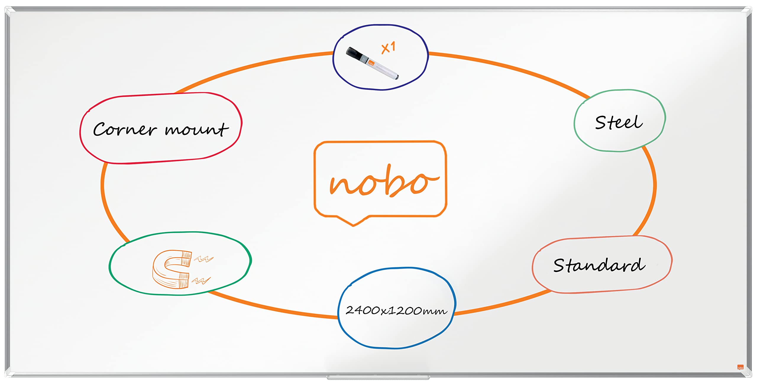 Nobo Premium Plus Steel Magnetic Whiteboard – 2400x1200mm, Aluminium Trim, EU Ecolabel Certified, 1915163