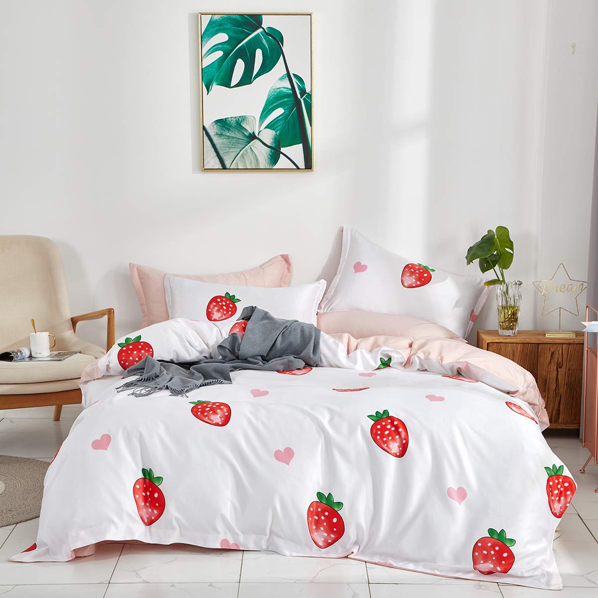 Uozzi Bedding Luxury 3 Pieces White Duvet Cover Set King Imitated Satin/Sateen Silky Strawberry Comforter Cover Sets 100% Microfiber Soft Cute Adult Bedding Set Cool Feeling for Summer