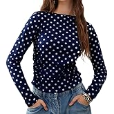 Women Polka Dot Long Sleeve Top Crewneck Dot Print Tshirts Tight Fitted Crop Top Trendy Going Out Fall Tee Shirt