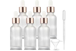 FURNIDO 6 Pack Frosted Glass Essential Oil Dropper Bottle - Empty Liquid Container With Rose-Golden Caps, Eye Dropper, Pipette & Funnel - Travel Perfume Cosmetic Container (30ml/1 Ounce)