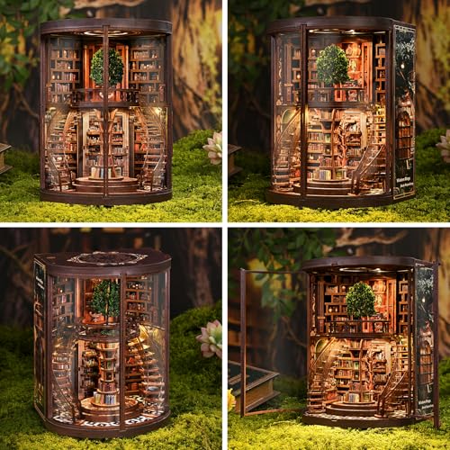 Kaayeewood Book Nook Kit, 3D Wooden Puzzles for Adults, DIY Miniature House Kit for Adults, Booknook with LED Light, Gifts for Family, Friends and Book Lovers, Bookshelf Decor(Wisdom Rings)