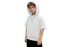 Boys Short Sleeve Hoodie Kids Hafl Zip Waffle Knit Hooded Shirts with Pocket Athletic Pullover Tops Streetwear